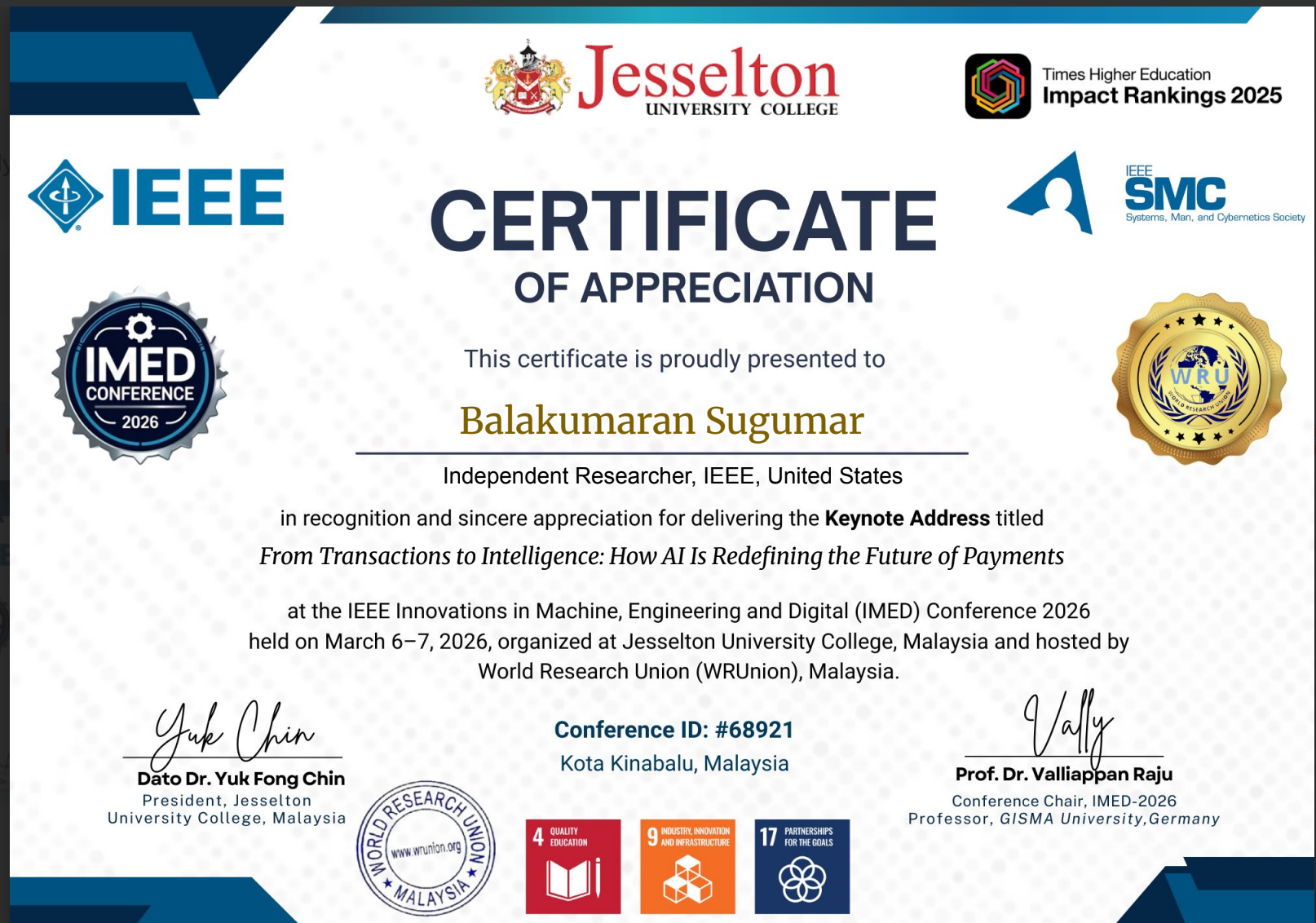 Balakumaran as KeyNote Speaker in IMED IEEE